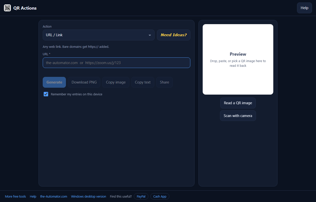 QR Actions code maker with action picker, link field, and preview